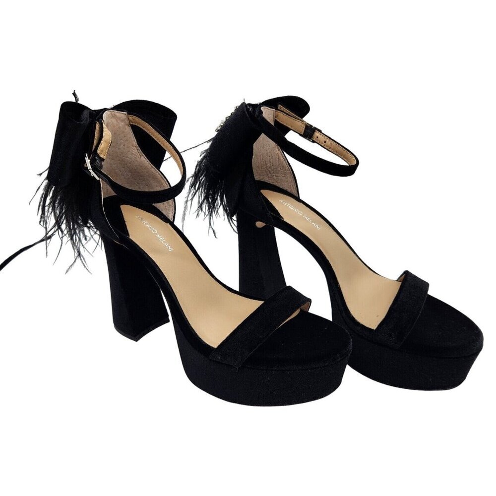 Antonio Melani Platform Sandals Size 5.5 M Black Velvet feathers Rhinestone  658